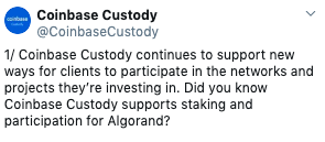 Coinbase Custody 宣布成为首个支持 Algorand 抵押服务的资金托管机构